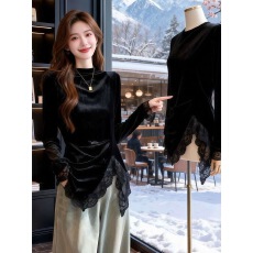 批发胖mm设计感蕾丝洋气上衣不规则金丝绒内搭打底衫秋冬新款<b class='q'>大码</b>女装