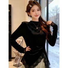 批发胖mm设计感蕾丝洋气上衣不规则金丝绒内搭打底衫秋冬新款<b class='q'>大码</b>女装