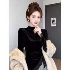 批发胖mm设计感蕾丝洋气上衣不规则金丝绒内搭打底衫秋冬新款<b class='q'>大码</b>女装