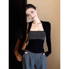 批发高级感撞色拼接长袖打底衫T恤女2025秋季新款韩系时尚修身上衣潮