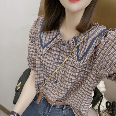 批发<b class='q'>娃娃领</b>泡泡袖格子<b class='q'>衬衫</b>女2025夏季新款设计感小众别致百搭上衣ins