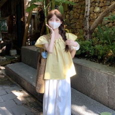 批发民族风飞飞袖圆领短袖<b class='q'>衬衫</b>法式夏季减龄新款甜美娃娃宽松上衣