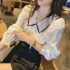 批发减龄荷叶边花边雪纺上衣女法式复古宫廷风设计感<b class='q'>娃娃领</b>蕾丝<b class='q'>衬衫</b>春