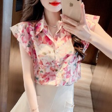 批发印花甜美短袖<b class='q'>衬衫</b>雪纺衫新款别致夏季小衫洋气漂亮<b class='q'>碎花</b>荷叶上衣