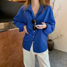 批发克莱因蓝衬衫2026春秋季新款韩版chic宽松休闲显白宝蓝色衬衣上衣