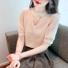 批发实拍2026夏季新款链条装饰蕾丝袖拼接高品质提花针织衫上衣女