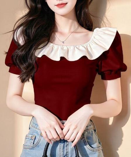 폭발 패치워크 연꽃 잎 레이스 반팔 티셔츠 여성 여름 새로운 연령 감소 고유 한 아름다운 작은 셔츠 맨위
