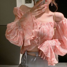 批发超仙碎花雪纺<b class='q'>衬衫</b>女春装森系法式心机锁骨一字肩上衣洋气小衫薄款