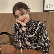 批发法式复古碎花衬衫女春秋设计感小众立领木耳边拼接衬衣别致上衣潮