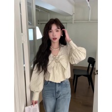 批发奶黄色条纹v领蝴蝶结长袖雪纺衬衫女夏季衬衣设计感小众上衣