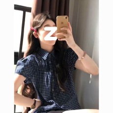 批发2026夏季泡泡新款衬衫复古格子日系修身短款显瘦短袖衬衣上衣