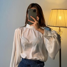 批发韩国chic早秋法式时尚立领个性<b class='q'>百搭</b>灯笼袖高级感绸缎衬衫上衣女