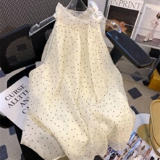 批发miu风<b class='q'>波点</b>系带挂脖<b class='q'>雪纺</b><b class='q'>衬衫</b>女夏季宽松遮肚子娃娃衫超仙无袖上衣