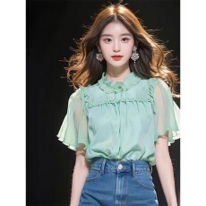 批发法式减龄设计感上衣2024夏季新款气质薄荷绿荷叶边雪纺<b class='q'>短袖</b>衬衫女