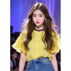 批发2024年夏季新款上衣女装漂亮小衫奶黄色雪纺荷叶边袖<b class='q'>短袖</b>衬衫