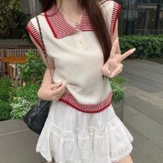 批发韩系简约复古POLO领针织衫女夏季<b class='q'>薄</b>款短袖撞色翻领无袖修身上衣潮
