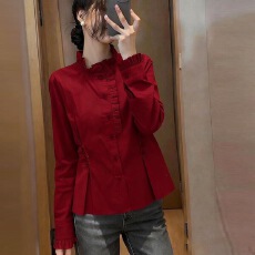 批发木耳边收腰纽扣设计新年红色立领<b class='q'>长袖</b><b class='q'>衬衫</b><b class='q'>女士</b>冬季新款保暖<b class='q'>衬衣</b>