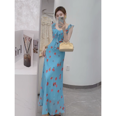 批发海边度假风<b class='q'>蓝色</b>碎花<b class='q'>连衣裙</b>2025夏季高级感独特漂亮荷叶边掐腰长裙