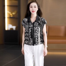 批发印花翻领短袖衬衫女士<b class='q'>夏</b>季新款<b class='q'>妈妈装</b>宽松遮肚小衫洋气复古上衣潮