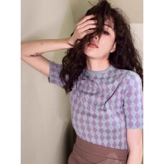 批发夏季针织显瘦紫色短袖<b class='q'>棋盘</b><b class='q'>格</b>子新款T恤上衣女修身设计ins短款高腰