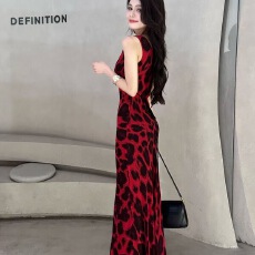 批发夏季高端胭脂<b class='q'>豹纹</b>复古V领性感吊带无袖<b class='q'>连衣裙</b>长裙