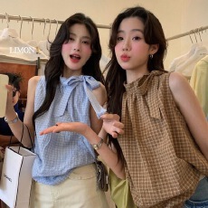 批发2025夏季法式复古设计感小众格子<b class='q'>衬衫</b>女<b class='q'>蝴蝶结</b>无袖背心宽松上衣女