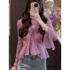 批发法式独特绝美小上衣2026<b class='q'>夏季</b>高级感超好看气质紫色荷叶边雪纺衬衫