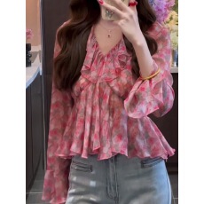 批发法式温柔风v领碎花长袖衬衫女<b class='q'>夏季</b>新款修身显瘦独特漂亮<b class='q'>雪纺上衣</b>