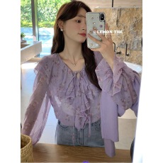 批发荷叶边碎花<b class='q'>雪纺衫女</b>设计感小众蝴蝶结绑带衬衫法式小清新甜美上衣