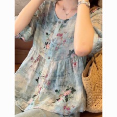 批发复古印花<b class='q'>衬衫</b>女洋气时髦娃娃衫宽松显瘦百搭圆领开衫上衣