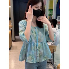 批发大码女装夏季减龄印花五分袖<b class='q'>衬衫</b>胖mm圆领荷叶边拼接娃娃衫上衣薄