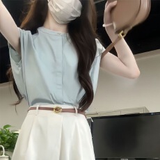 批发法式夏季绝美设计感衬衣百搭休闲气质显白浅蓝色小飞袖无袖<b class='q'>衬衫女</b>