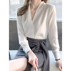 批发2025春季新款白<b class='q'>衬衫女</b>上衣高级感气质雪纺v领职业无领长袖衬衣