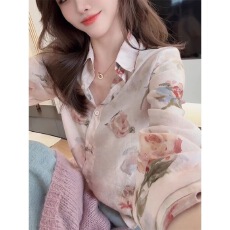 批发港风法式雪纺碎花时尚POLO小衫白搭粉色<b class='q'>长袖</b>新款衬衫设计2025上衣