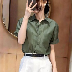 批发polo求职季女生<b class='q'>短袖</b>夏季新款薄款绿色衬衫宽松衬衣高级上衣遮肉