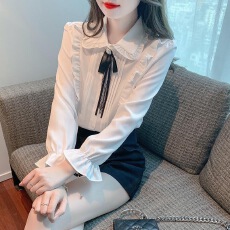 批发2023秋季新款时尚木耳边娃娃领衬衣蝴蝶结拼接女<b class='q'>长袖</b><b class='q'>雪纺上衣</b>