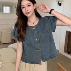 批发复古短袖<b class='q'>牛仔</b><b class='q'>衬衫</b><b class='q'>女</b>夏季2026新款宽松圆领外搭薄外套小众短款上衣
