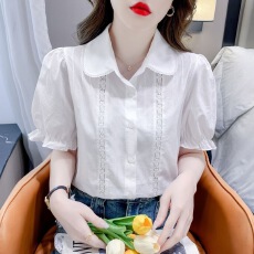 批发法式<b class='q'>蕾丝</b>娃娃领短袖衬衫女2025夏季新款百搭简约宽松气质减龄上衣