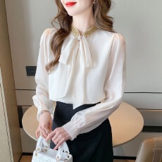 批发法式高级亮片蝴蝶结<b class='q'>衬衫</b>女2025新款春季独特绝美小衫杏色<b class='q'>雪纺</b><b class='q'>上衣</b>