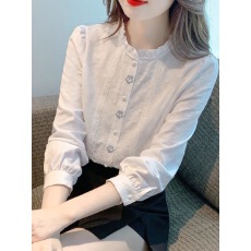 批发女士刺绣棉麻衬衫女秋冬新款<b class='q'>时尚</b>加绒上衣女士木耳领内搭保暖衬衣