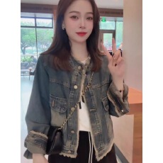 批发牛仔外套女春秋新款圆领毛边复古水洗做旧宽松显瘦美拉德上<b class='q'>衣外套</b>