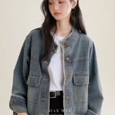 批发2025春秋新款复古毛边水洗牛仔外套女设计感宽松<b class='q'>短款</b>百搭夹克上衣