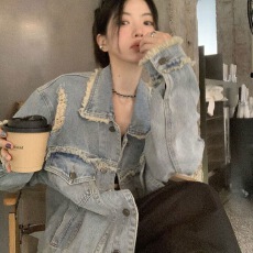 批发复古毛边做旧破洞牛仔<b class='q'>外套</b>女春秋宽松休闲百搭工装夹克上衣潮ins