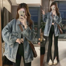 批发牛仔<b class='q'>外套</b>女春秋2025新款宽松美式中长款休闲百搭设计复古夹克上衣