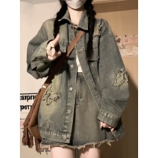批发复古美式水洗<b class='q'>牛仔</b>破洞外套女春秋宽松百搭新款设计感小众夹克上衣