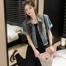 批发夏季2025年新款复古小众宽松短款流苏<b class='q'>牛仔</b>时尚短袖上衣女装短外套