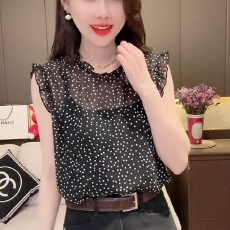 批发2026夏季新款绝美波点<b class='q'>印花</b>遮肉显瘦木耳边拼接小飞袖圆领<b class='q'>雪纺衫女</b>