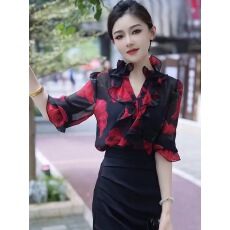 批发雪纺花<b class='q'>衬衣</b>2024年夏季新款轻奢高级感红色国风上衣宽松<b class='q'>灯笼袖</b><b class='q'>衬衫</b>