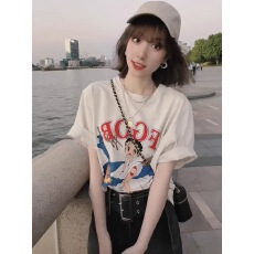 批发2024夏季新款卡通女人英文字母印花设计感宽松<b class='q'>圆领</b>短袖<b class='q'>T</b><b class='q'>恤</b>上衣女