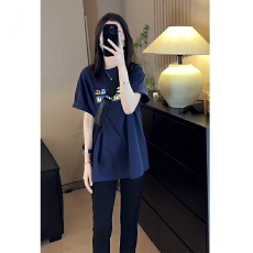 批发2024夏季新款字母印花纯棉<b class='q'>圆领</b>短袖<b class='q'>T</b><b class='q'>恤</b>女宽松显瘦百搭打底上衣